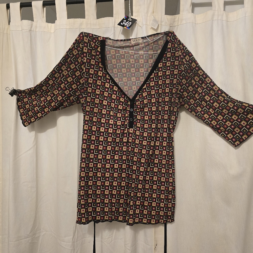 #340 Red Geometric Patterned Belted Blouse - image 5
